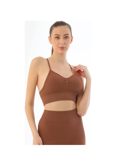 Kahve Mı Emay 3921 Soft Seamless Ripli Tayt Yoga Takımı Kahve