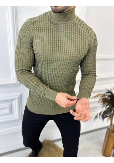 Kazak Slim Fit Tüylenmez Naturel Pamuk Triko Boğazlı Balıkçı Yaka Kazak Haki - Yeşil