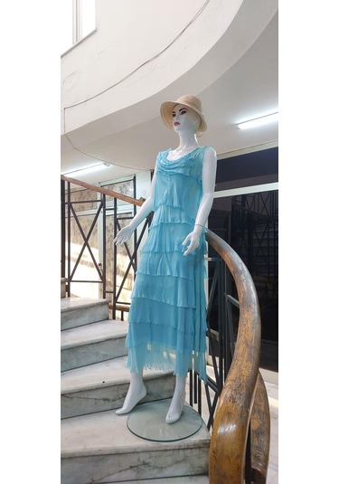 Italyan 2 Beden İnce Gösteren Kat Kat Kolsuz Ipek Elbise-8769 Açık Turkuaz