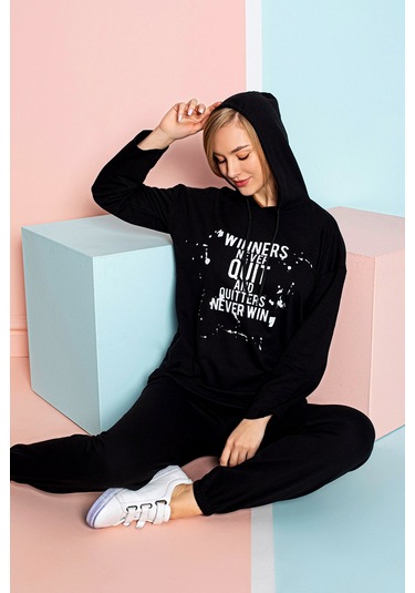 Nisanca Mevsimlik Kapüşonlu Kadın Eşofman Takımı - Ev Giyim Siyah