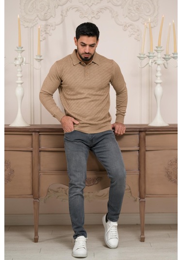 Woolen World Polo Yaka Slimfit Desenli Yünlü Erkek Triko Kazak Devetüyü