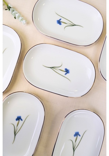 Tabak Evi Porselen Natura İris Altın Yaldızlı Oval Kayık Tabak 22,50x14,50x2,50cm 6 Lı Çok Renkli