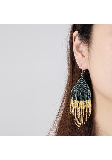 Yerel Boncuklu Püskül Küpeler Boho - El Yapımı Tohum Boncuk Açıkl Çok Renkli