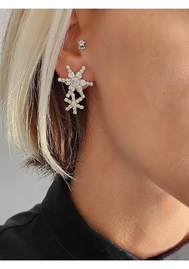 Kar Tanesi Model Kristal Taşlı Küpe Silver