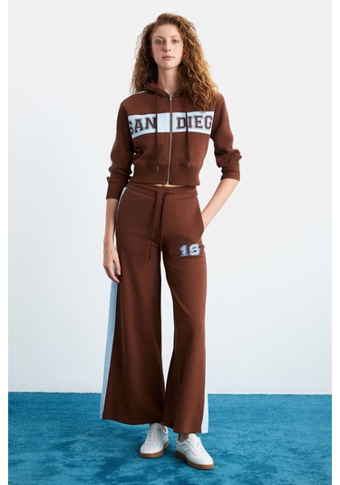 GRIMELANGE Morıah Kadın Kapüşonlu Geniş Paça Kahverengi Alt-üst Takım Kahverengi