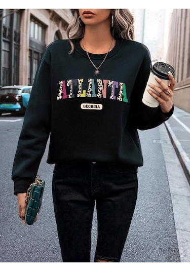 Unisex Oversize Siyah Atlanta Baskılı Bisiklet Yaka Sweatshirt Siyah