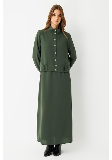 Büzgü Detaylı Elbiseli Takım Haki Haki