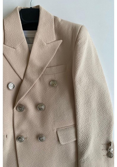 Gofre Kruvaze Ceketli Tişörtlü Çocuk Takım Elbise Bej Bej