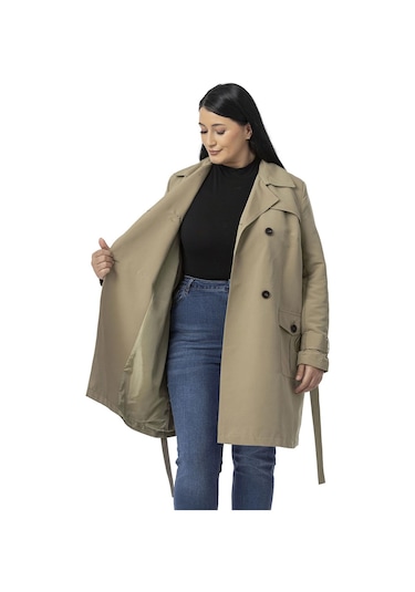 Büyük Beden Kruvaze Kolu Bant Detaylı Cepli Kuşaklı Astarlı Çağla Yeşili Trençkot Çağla Yeşili