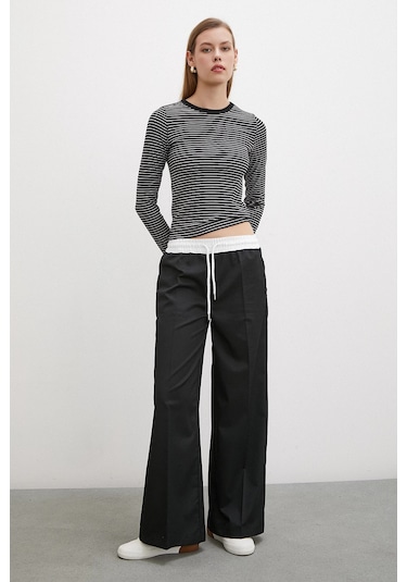 Bisiklet Yaka Çizgili Bluz Siyah Siyah