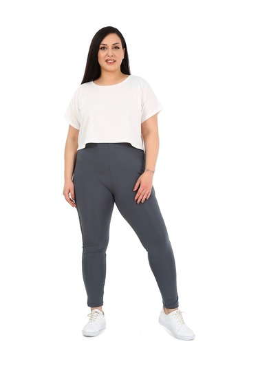 Büyük Beden Beli Lastikli Bilek Hizasında Panelli Gri Bayan Tayt Gri
