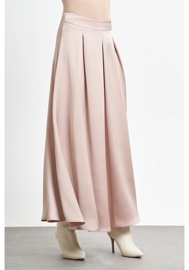 Önü Pileli Saten Bej Etek 001