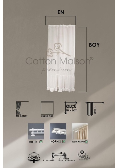 Fırfırlı Keten Tül Perde Tek Kanat Vintage Ekru