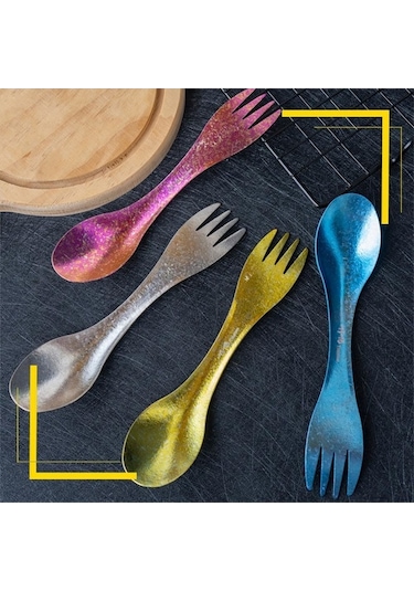 Fortunelane Çok Renkli Saf Titan Spork - 16.5 Cm, 16 G, Mavi Buz Kristal Desenli Çok Renkli