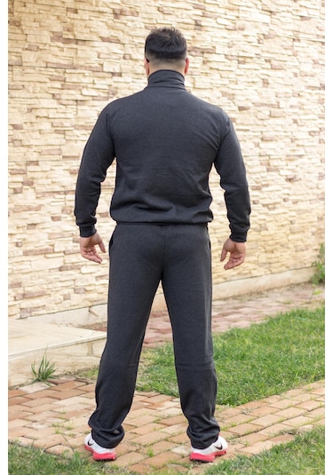 Antrasit Battal Büyük - Normal Beden Yarım Fermuarlı Erkek Eşofman Takımı 21eestyakt Antrasit