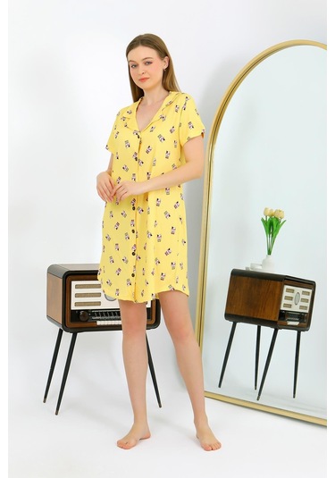 Akbeniz Kadın Pamuk Penye Kısa Kol Düğmeli Sarı Tunik Gecelik 13112 Sarı