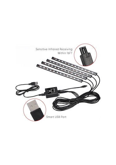 Geeroyoo Araç İç Led Işık Seti 48 Led 4x22cm - Usb Girişli, Müzik Rhytmi İle Renk Değiştirme, Kumanda Kontrol, Su Geçirmez