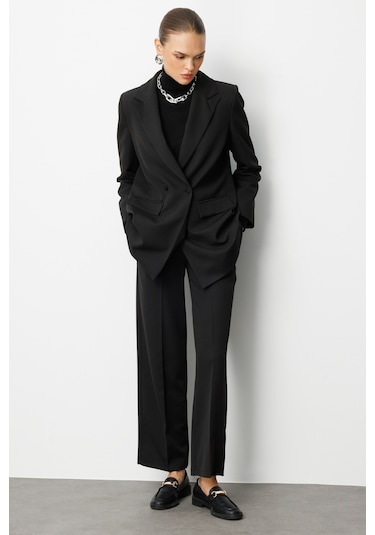 Mizalle Oversize Siyah Kruvaze Blazer Ceket Siyah