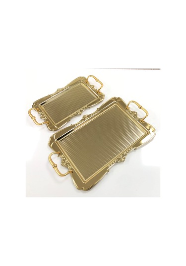 Dalgıç Gümüş 2 Li Nosalji Tepsi Set Dikdörtgen Dövme Altın Renk