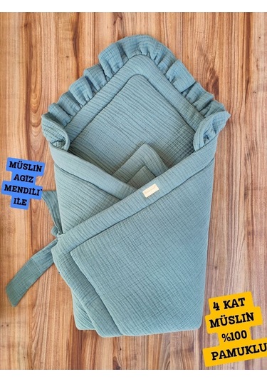 Ekru 4 Kat Müslin Bebek Battaniyesi %100 Pamuklu Doğal Organik Uyku Kundağı Hastane Çıkışı Yenidoğan Mint