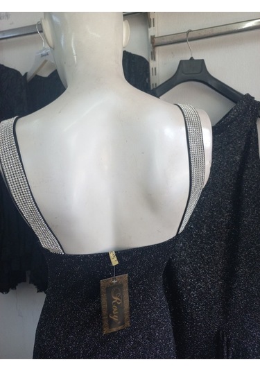 Siyah Uzeri Gümüş Simli Plastik Tasli Bodycon Elbise Siyah