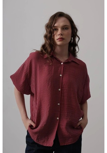 Yarım Balon Kol Çizgili Gömlek - Bordo Bordo