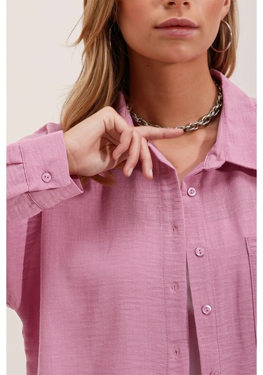 20153 Tek Cepli Oversize Gömlek - Pudra 001