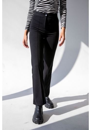 Kadın Siyah Yüksek Bel Toparlayıcı İspanyol Paça Pantolon Siyah