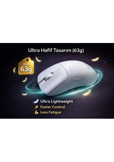 Gaming Kablosuz Mouse Beyaz 63g Ultra Hafif 2.4g, Bluetooth, Type-c, 12800 Dpı Şarjlı Ergonomik Makrolu Tasarım Diğer
