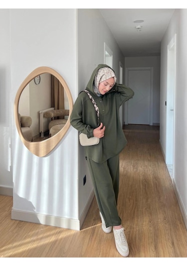 Lena Modal Kumaş Çıt Çıt Detaylı Kadın Tesettür İkili Takım Haki