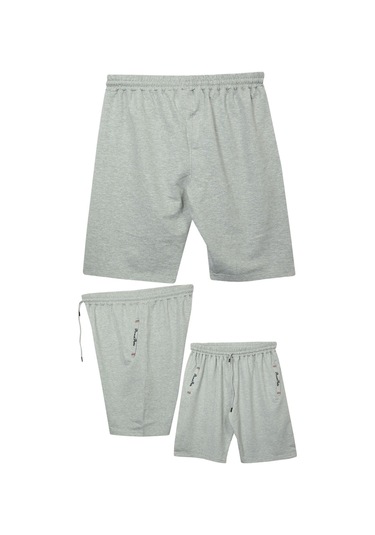 Büyük Beden 110 - 155 Kilo Arası İçin Uygun Bedenli Cepleri Nakış Detaylı Likralı Penye Erkek Şortu Gri