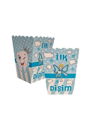 8 Adet - Mısır Kutusu Popcorn Diş Partisi Erkek Mavi Diş Buğdayı Parti Seti