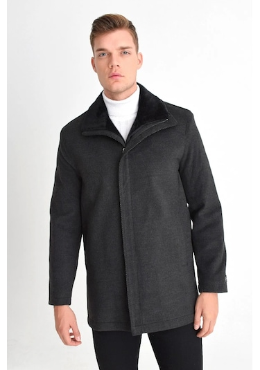 Erkek Antrasit Çift Yaka Kürklü Önü Fermuarlı Kaşe Kaban Antrasit