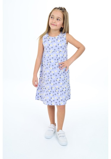 Toontoy Kız Çocuk Baskılı Elbise Mavi