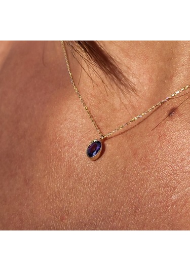 0,50 Ct Safir Mavi Sade Minimal Tasarım Tarz 14 Ayar Altın Doğal Taşlı Kolye-zümrüt Altın Kolye