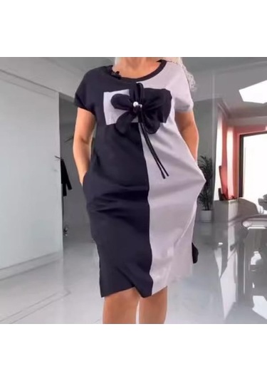 Novahub Kadın İlkbahar Trendi Kişilik Konumlandırma Ekose Baskılı Yuvarlak Yaka Kısa Kollu Elbise Siyah Siyah