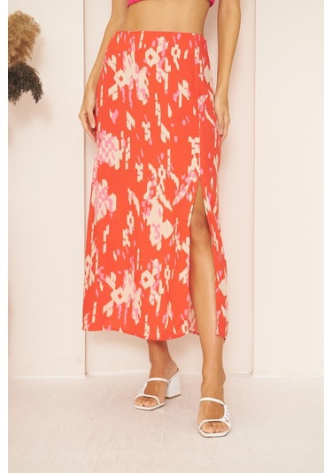 Kırmızı Desenli Yırtmaçlı Midi Etek Dm2014 Kırmızı