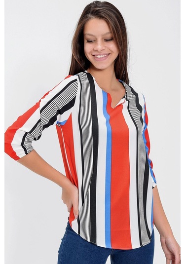 Kadın Kırmızı Yakası Yırtmaçlı Krep Bluz Truvakar Kol Çizgili Ve Giy Çık - Tesettüre Uygun Kırmızı