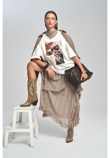 Mireya Asimetrik Vizon Dantel Etek Vizon