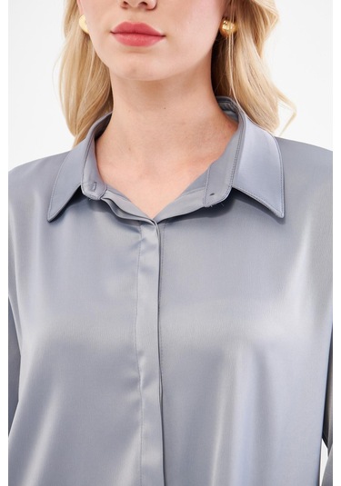 Klasik Saten Gömlek Gri Gri