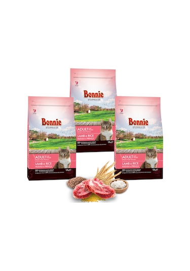 Bonnie Kuzu Etli ve Pirinçli Yetişkin Kedi Maması 3 x 1500 G