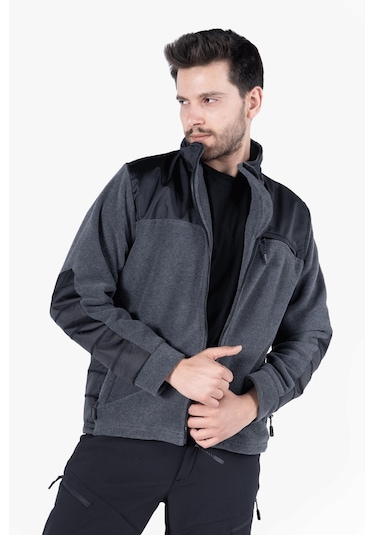 Omuz Ve Dirsek Takviyeli Polar Ceket Gri Melanj - Siyah