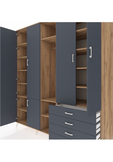 Kronos Dolap 14 Raflı 4 Çekmeceli Tek Askılı 220x59x243 Çam-antrasit/antrasit Antrasıt/antrasıt