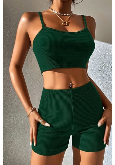 Kadın Yeşil Şortlu Kaşkorse Gecelik Takım Çok Renkli