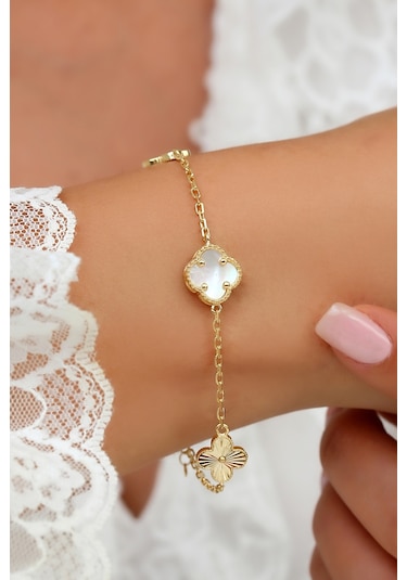 14k Altın Kaplamalı 925 Ayar Gümüş Granada Saray Yoncaları Bileklik - Beyaz 45103303 Altın