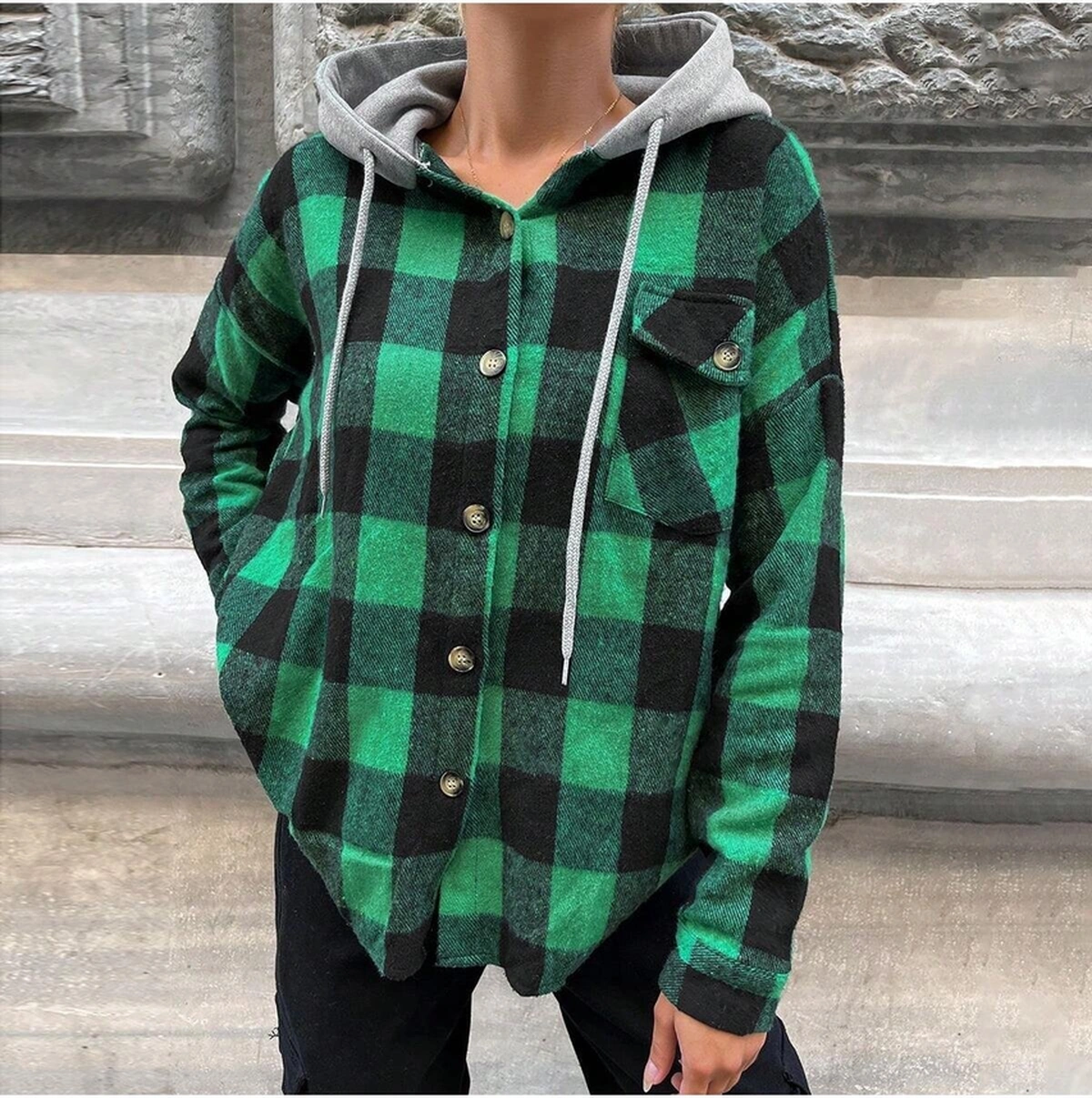 Kadın Desenli Renkli Oduncu Oversize Bol Ve Geniş Kalıp Casual Çift Kapüşonlu Ceket Gömlek Yeşil