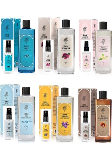 Rebul Aqua + Bouquet + Dark Spice + Jasmine + Ice + Lavanda Cam Şişe Kolonya 6 x 250 ML + Sprey Kolonya 6 x 50 ML