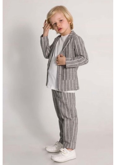 Ceketli 3 Lü Erkek Çocuk Takım Elbise Keten Pamuklu Ceket Pantalon Tişört Gri