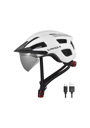 Beyaz Ön Cam Ve Güneşlik İle Bisiklet Kaskı Şarj Edilebilir Kuyruk Işığı Ayarlanabilir Bisiklet Kaskı Beyaz