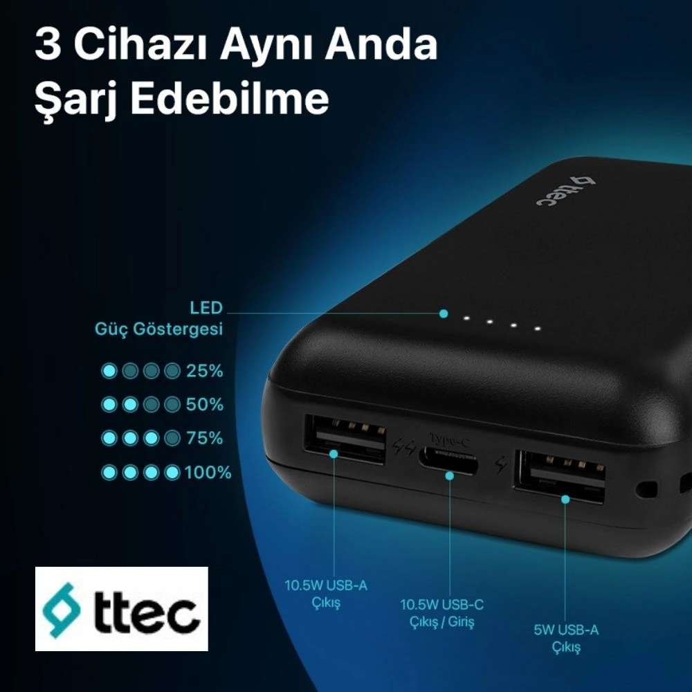 Ttec Recharger 10000mah Taşınabilir Usba Ve Type-c Taşınabilir Hızlı Powerbank Display Box Siyah 2bb263s Siyah